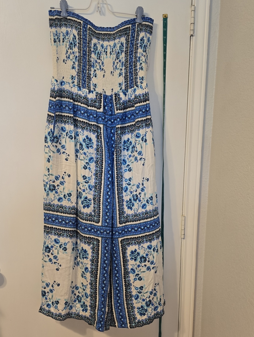 C Blue & White Strapless Wide-Leg Jumpsuit